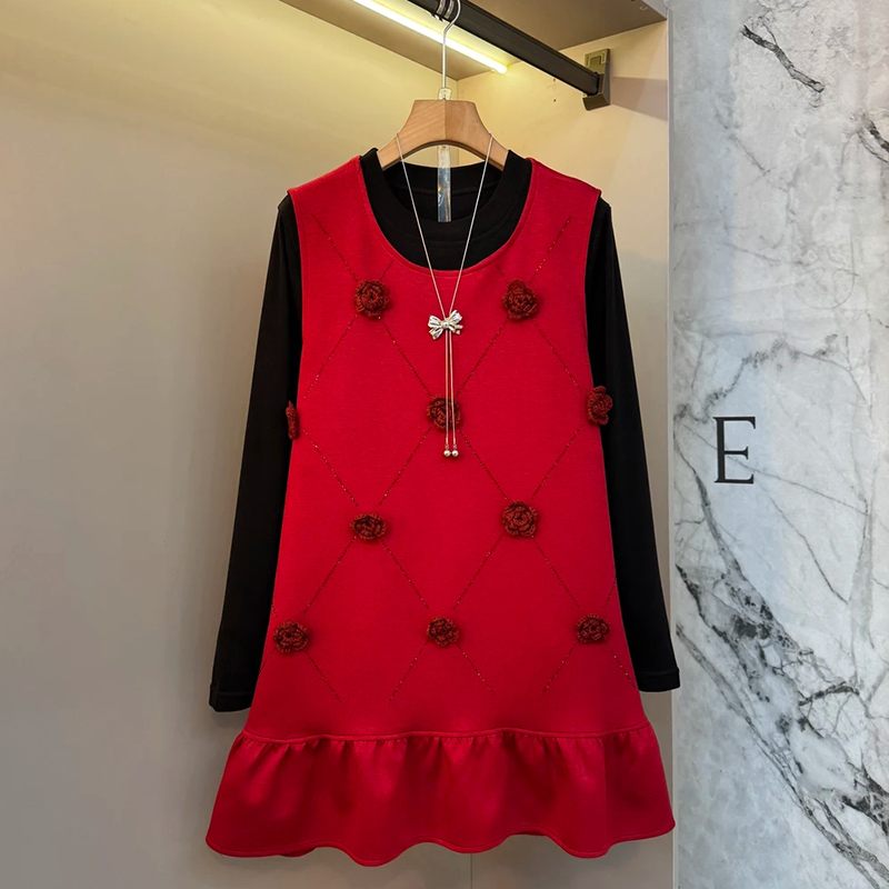 花朵碎钻马甲裙大码女装打底衫