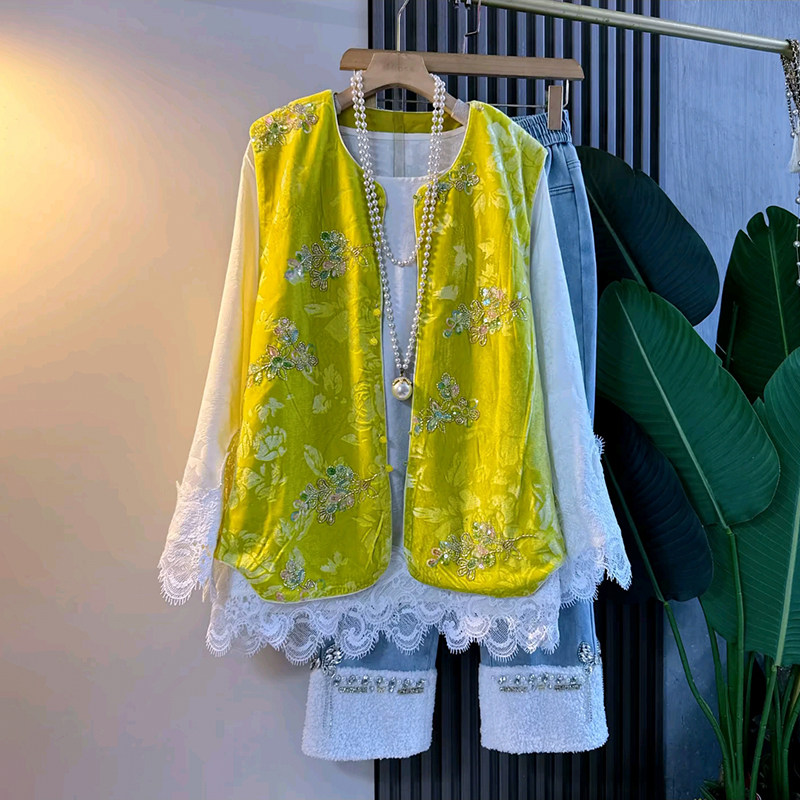 胖妹妹大码女装春季新款复古新中式钉珠亮片绣花马甲打底衫牛仔裤,女装/女士精品,大码内搭,淘宝优惠券,粉丝福利购,淘宝优惠卷