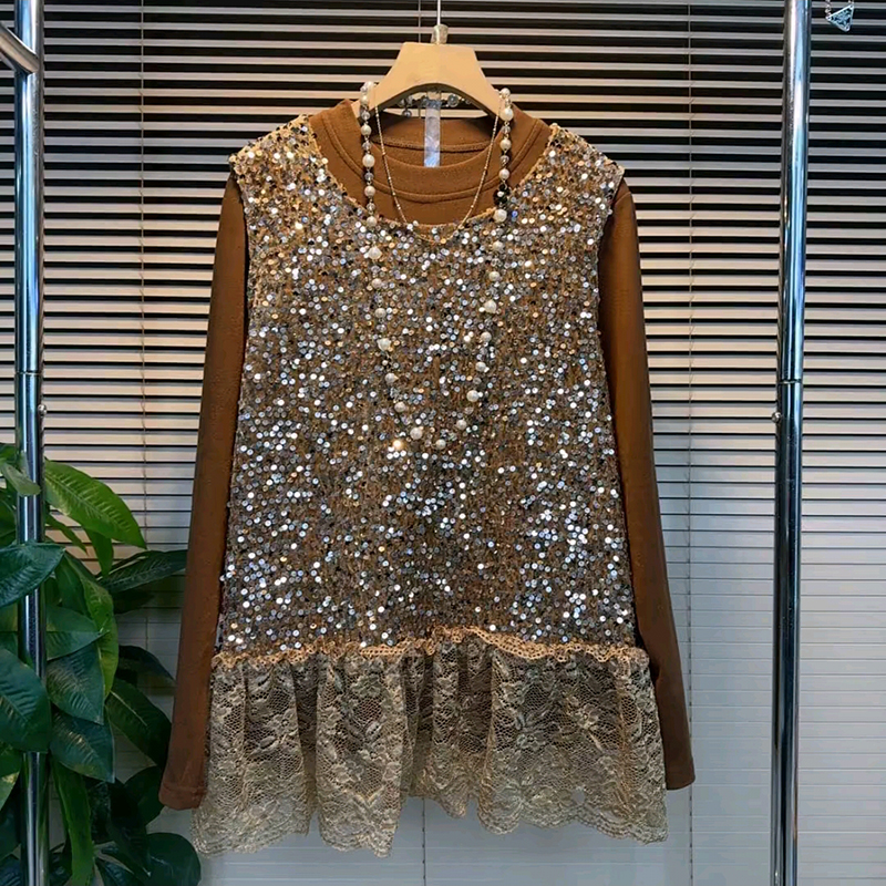 时尚亮片拼接马甲长袖小衫两件套