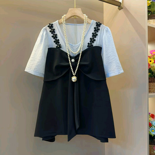 立体蝴蝶结假两件大码女装百搭衫