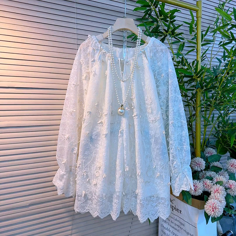 立体花朵小心机镂空订珠设计感宽松遮肉洋气蕾丝衫胖mm大码女装新,女装/女士精品,大码内搭,淘宝优惠券,粉丝福利购,淘宝优惠卷