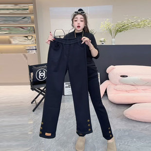 胖妹妹大码 烟管裤 女裤 松紧腰加绒加厚打底裤 时尚 巨显瘦百搭直筒裤