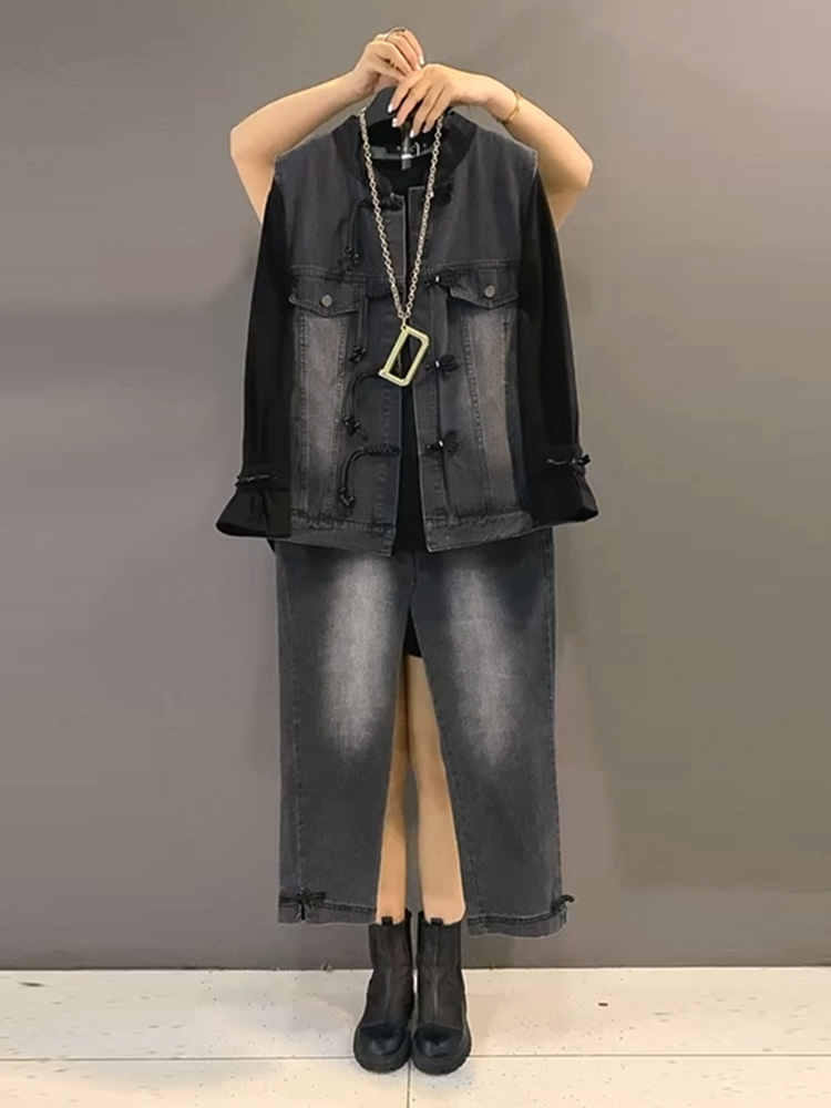 胖妹妹新款大码女装时尚休闲盘扣牛仔马甲净版打底衫弹力腰牛仔裤