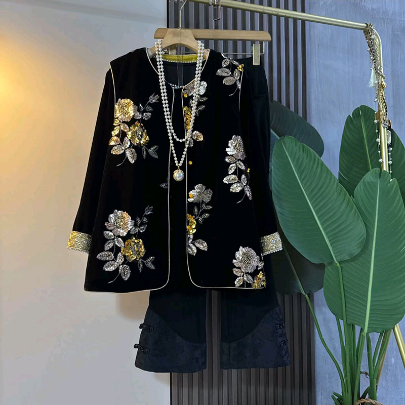 大码球丝绒亮片绣花马甲打底裤子