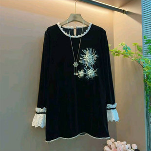 胖mm中长款 新款 女装 大码 遮肉显瘦上衣 欧货重工钉珠洋气丝绒女人衫