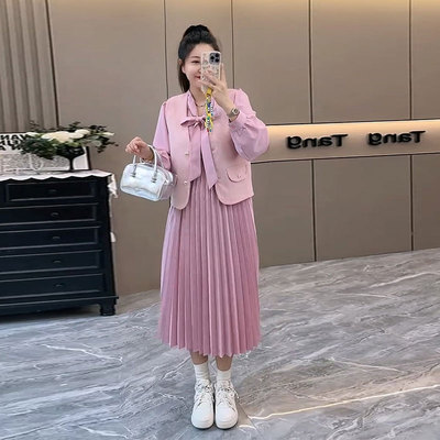 香风马甲百褶系带连衣裙两件套