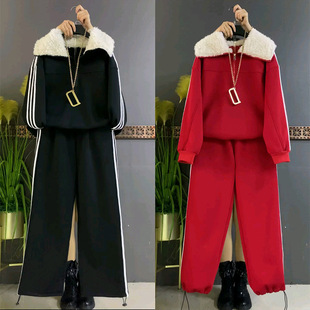 2025新款欧货设计感翻领拼条卫衣卫裤简约加绒套装胖妹妹大码女装