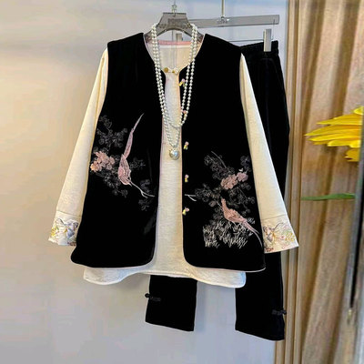 拼色丝绒刺绣马甲裤子缎面打底衫