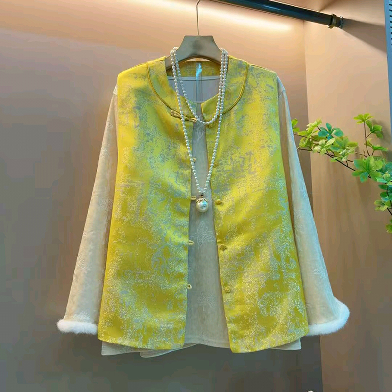 新中式提花复古盘扣马甲两件套