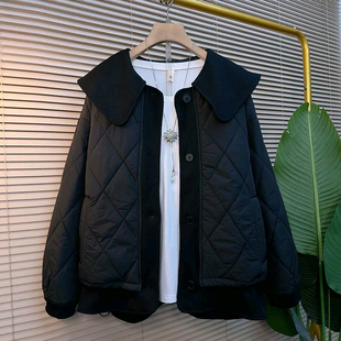 女装 2025年冬季 减龄抽绳压格棉服外套大码 韩版 胖mm宽松上衣女 新款