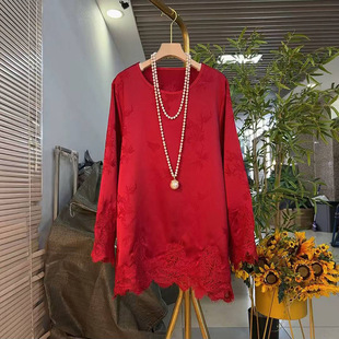 气质宽松国潮风缎面提花拼接蕾丝衫 大码 新款 2025新年冬季 上衣 女装