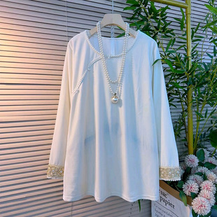 新款 丝绒打底衫 胖妹妹大码 女装 上衣潮 新中式 国风长袖 复古钉珠拼袖