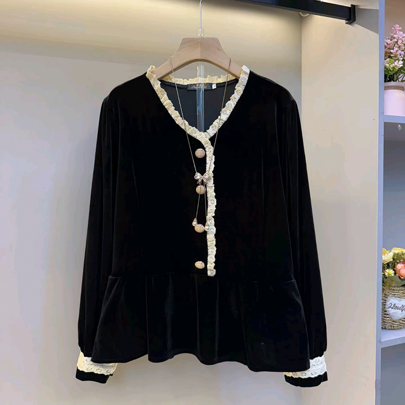 早秋新款木耳边气质丝绒女人衫