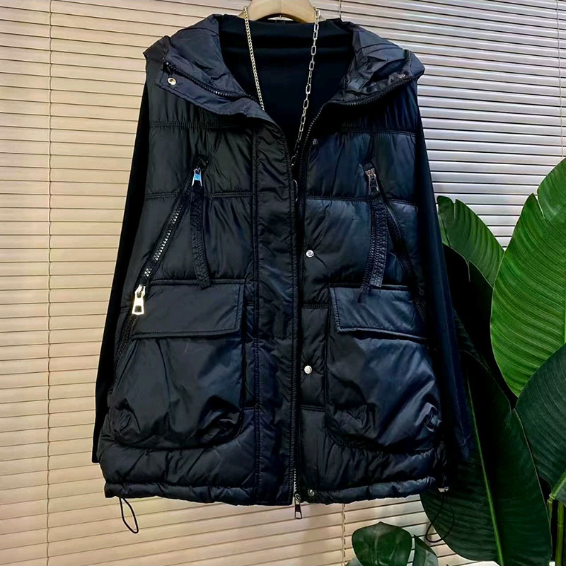 双兜拉链抽绳连帽休闲棉马甲外套