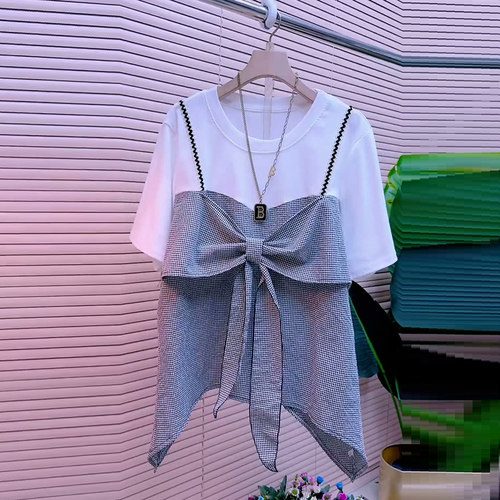 蝴蝶结格子大码女装假两件百搭衫