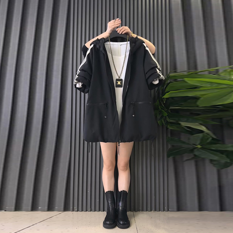 新款时尚拼条工装连帽棉服外套冬