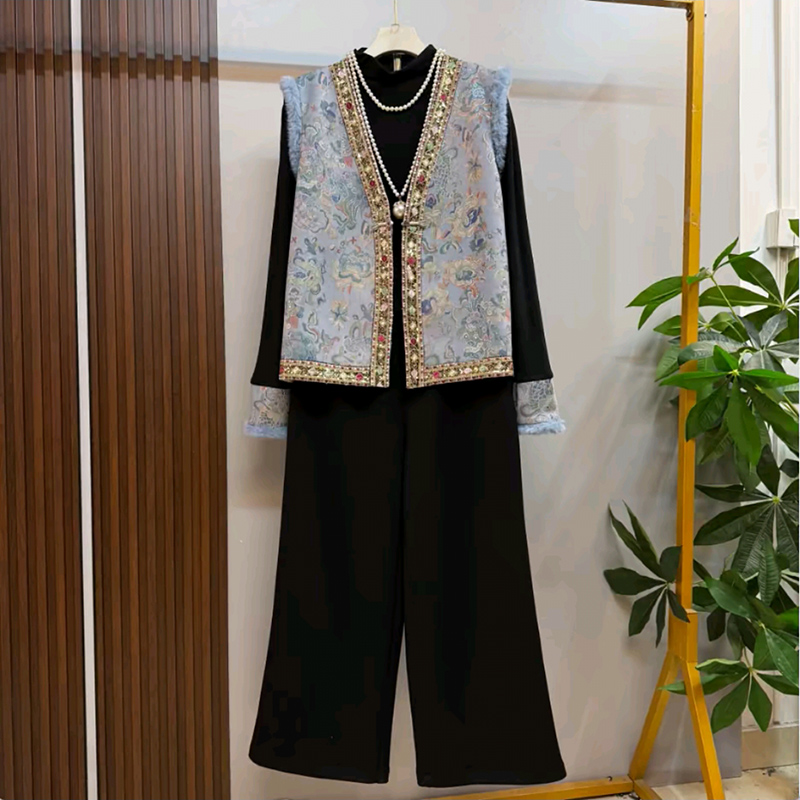 新中式马甲打底衫休闲裤子三件套