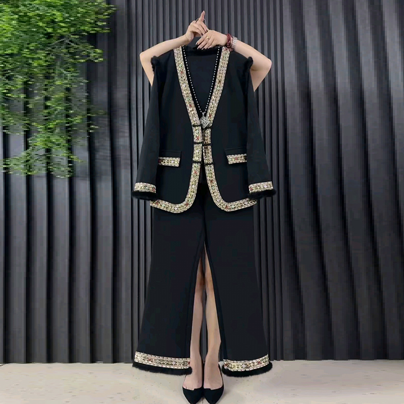 新款民族风大码女装马甲喇叭裤