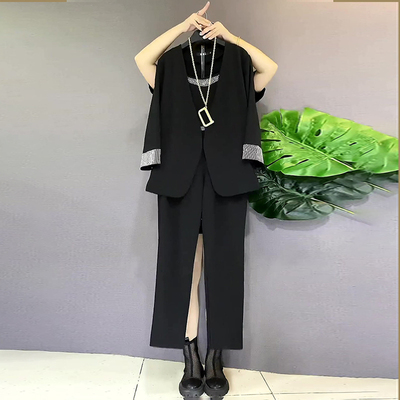 胖mm2022秋季新款大码女装韩版时尚西装小香风套装显瘦气质三件套