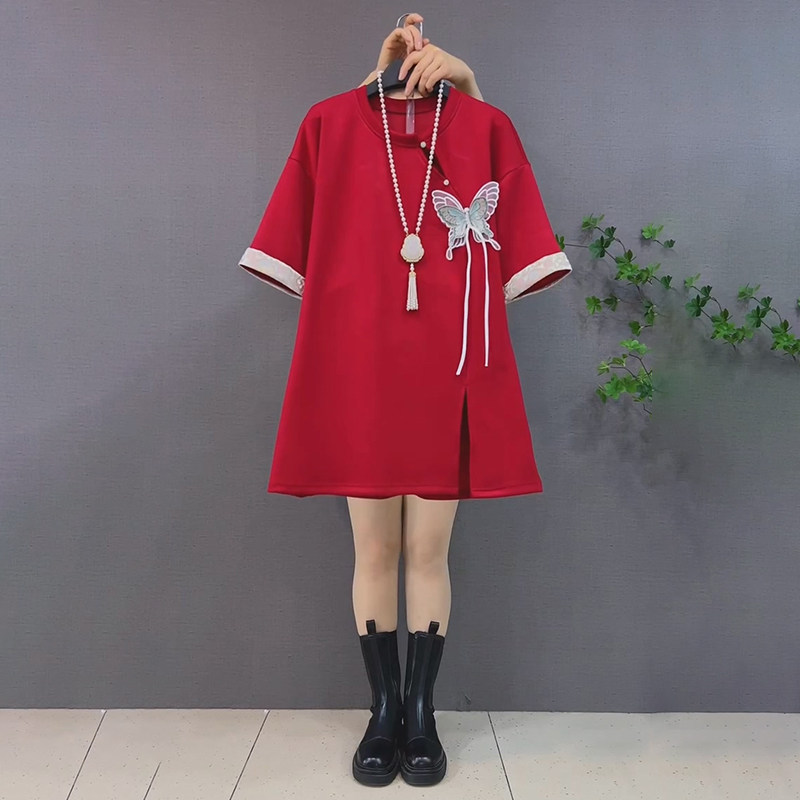 大码女装新中式国风圆领短袖T恤