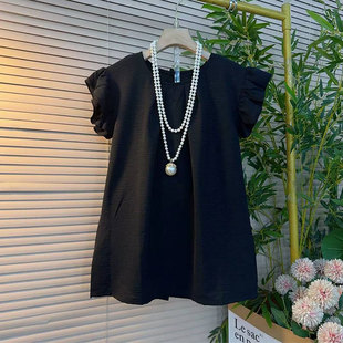 胖妹妹大码 女装 夏季 韩版 时尚 减龄百搭娃娃衫 新款 纯色上衣女 飞飞袖