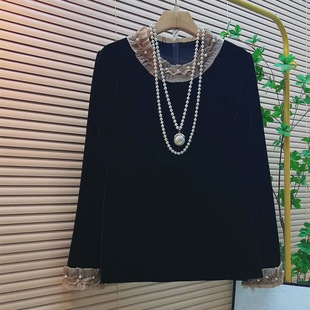 胖妹妹优雅气质显瘦小衫 钉珠花边领拼接长袖 女装 大码 上衣2025新款