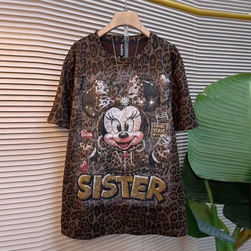 2025秋季减龄新款大码女装胖MM欧货时尚米奇烫钻豹纹韩版百搭半袖