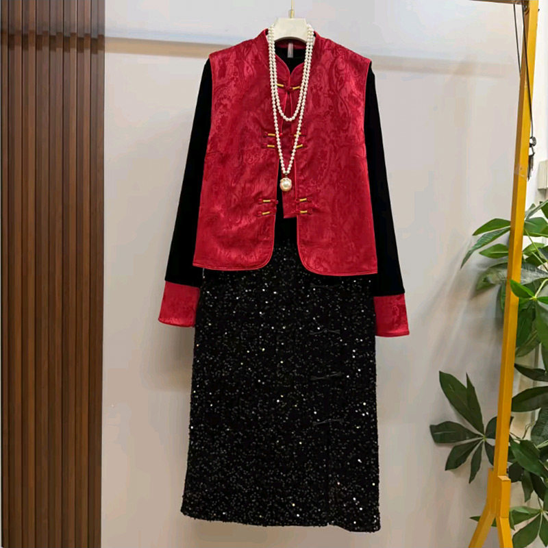 轻奢国风复古盘扣马甲遮肉拼袖内搭新款胖妹妹气质亮片裙大码女装,女装/女士精品,大码半身裙,淘宝优惠券,粉丝福利购,淘宝优惠卷