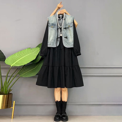 新中式盘扣牛仔马甲连衣裙两件套