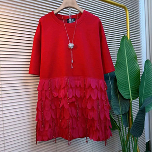 女装 胖妹妹重工流苏拼接半袖 轻奢宽松百搭显瘦上衣大码 新款 潮 大衫