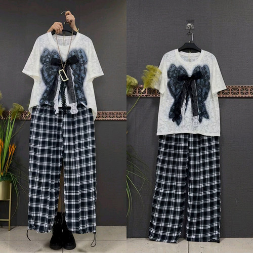 时尚蝴蝶结半袖松紧腰裤子两件套