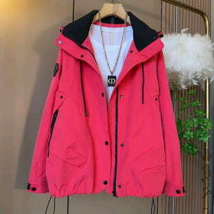 潮 女装 早春新款 连帽大兜设计休闲外套胖妹妹宽松百搭冲锋外衣大码