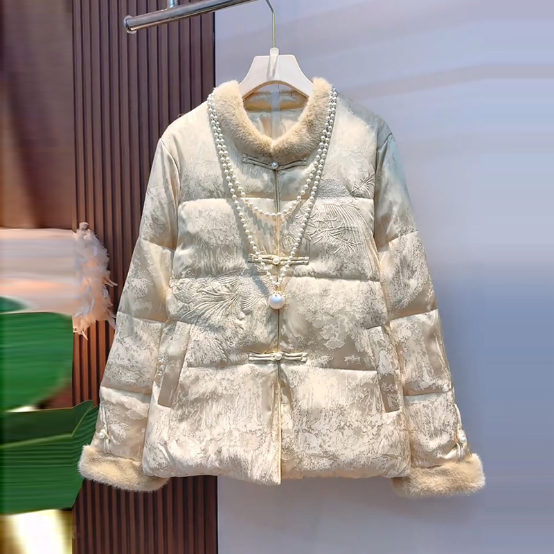 欧洲站气质国风刺绣毛领棉服外套