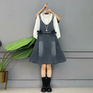 女装 内搭衫 夏季 花朵休闲复古牛仔裙搭配灯笼袖 2026新款 胖妹妹大码