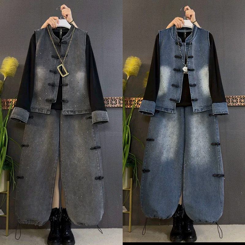 胖妹妹春季新款大码女装马甲打底衫松紧腰裤子水洗牛仔烫钻三件套,女装/女士精品,大码套装,淘宝优惠券,粉丝福利购,淘宝优惠卷