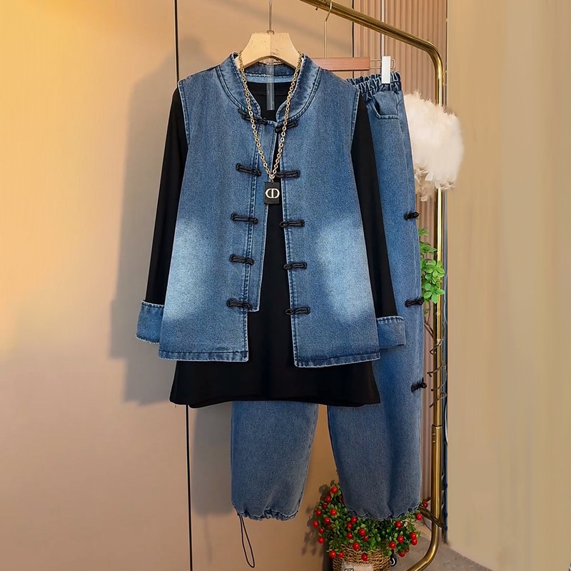 胖妹妹2026春季新款大码女装欧货古风盘扣水洗牛仔显瘦马甲三件套,女装/女士精品,大码套装,淘宝优惠券,粉丝福利购,淘宝优惠卷