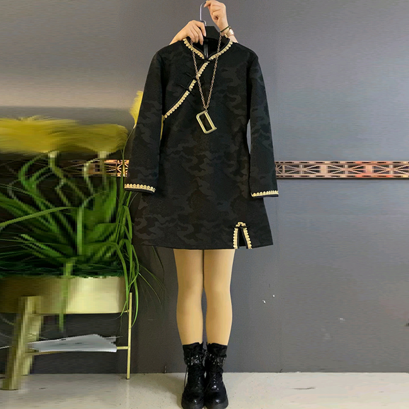 国风大码女装盘扣开叉加绒大衫