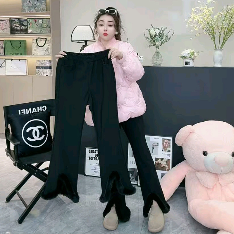 高腰毛毛拼接开叉微喇裤