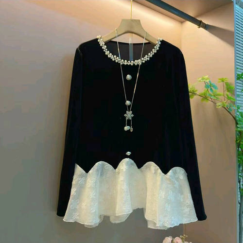 韩版钉珠圆领撞色拼接丝绒女人衫