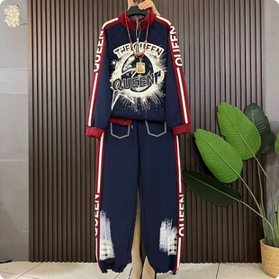 子套装 秋冬新款 加绒加厚遮肉显瘦两件套胖mm印花上衣裤 女装 潮 大码