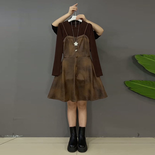 百搭打底衫 新款 套装 女装 拉链裙子 减龄大码 胖MM显瘦吊带连衣裙新款