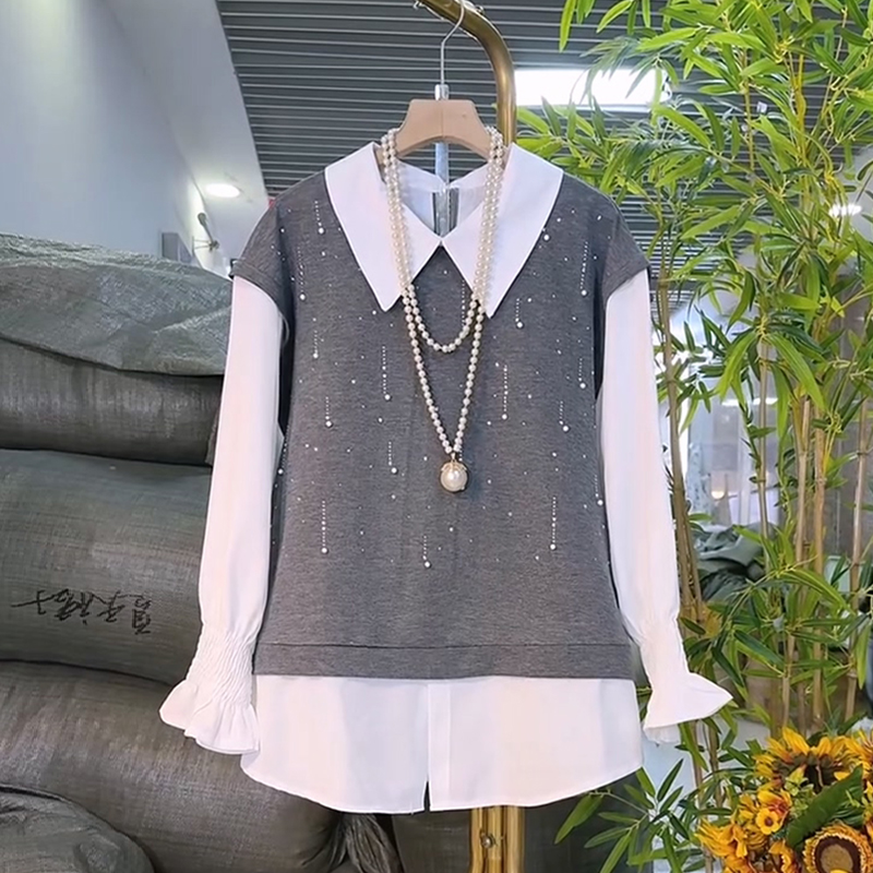 时尚亮晶晶假两件设计百搭衬衫