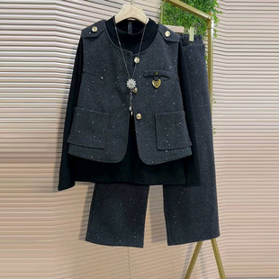 复古套装 名媛气质毛呢马甲裤 胖妹妹大码 时尚 子打底三件套 女装 欧版