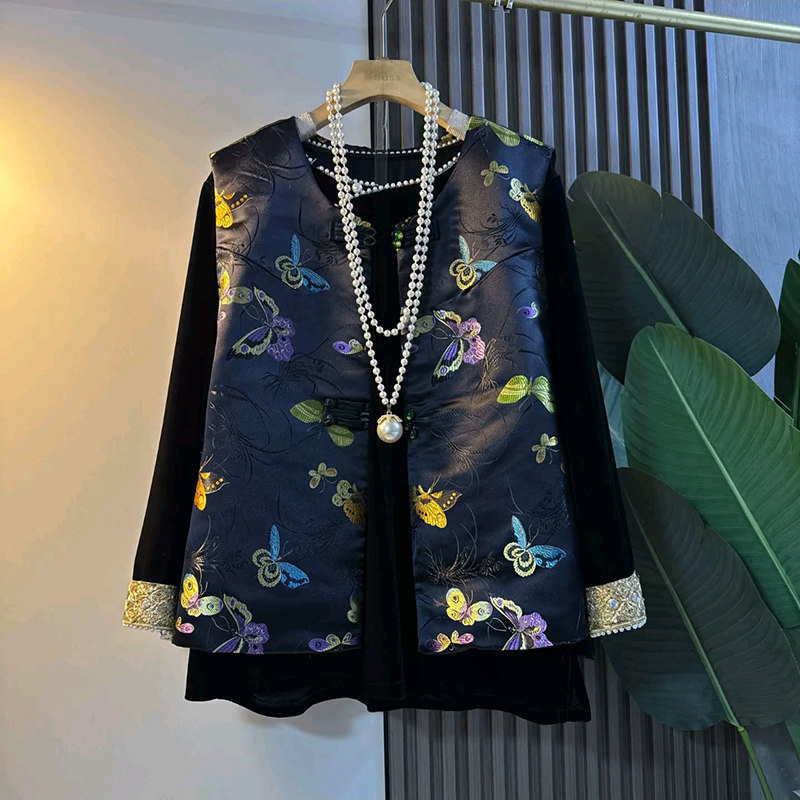 国风蝴蝶圆盘印花马甲2026春季新款钉珠拼接内搭显瘦马夹大码女装,女装/女士精品,常规大码外套,淘宝优惠券,粉丝福利购,淘宝优惠卷