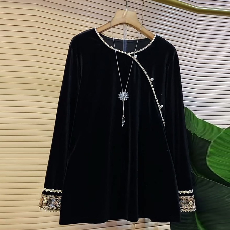 轻奢风丝绒长袖上衣大码女装圆领钉珠设计感内搭胖mm显瘦新款打底,女装/女士精品,大码内搭,淘宝优惠券,粉丝福利购,淘宝优惠卷