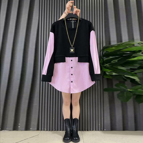 大码女装拼接假两件条纹百搭上衣