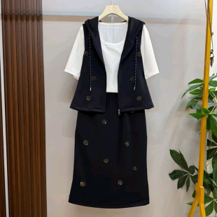 女装 洋气亮钻连帽马甲半身裙新款 大码 打底衫 潮 胖妹妹百搭显瘦短袖