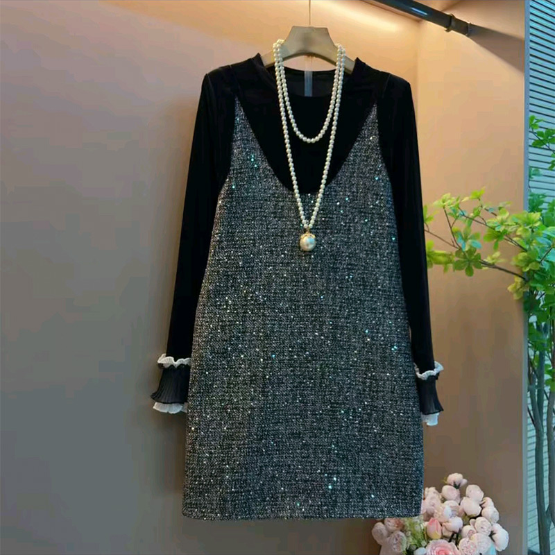 花边袖上衣吊带马甲裙套装