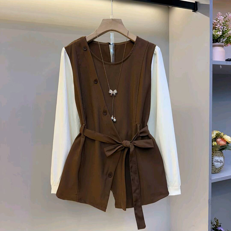 韩版时尚假两件系带设计感女人衫