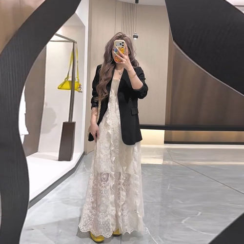时尚高级西服外套蕾丝吊带连衣裙